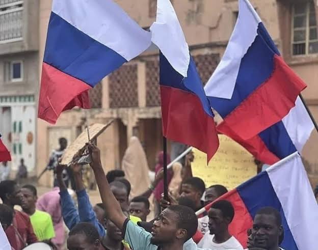 Protesters with Russian Flag